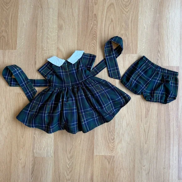 EUC Only Little Once Baby Girl Two Piece Dress + Bloomers-Plaid, Lace, Mistletoe - Picture 2 of 8